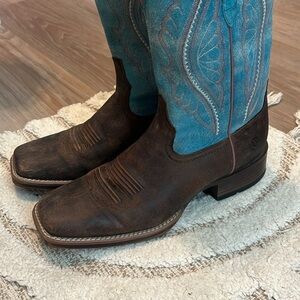 Ariat Brown and Blue Cowboy Boots with Square Toe